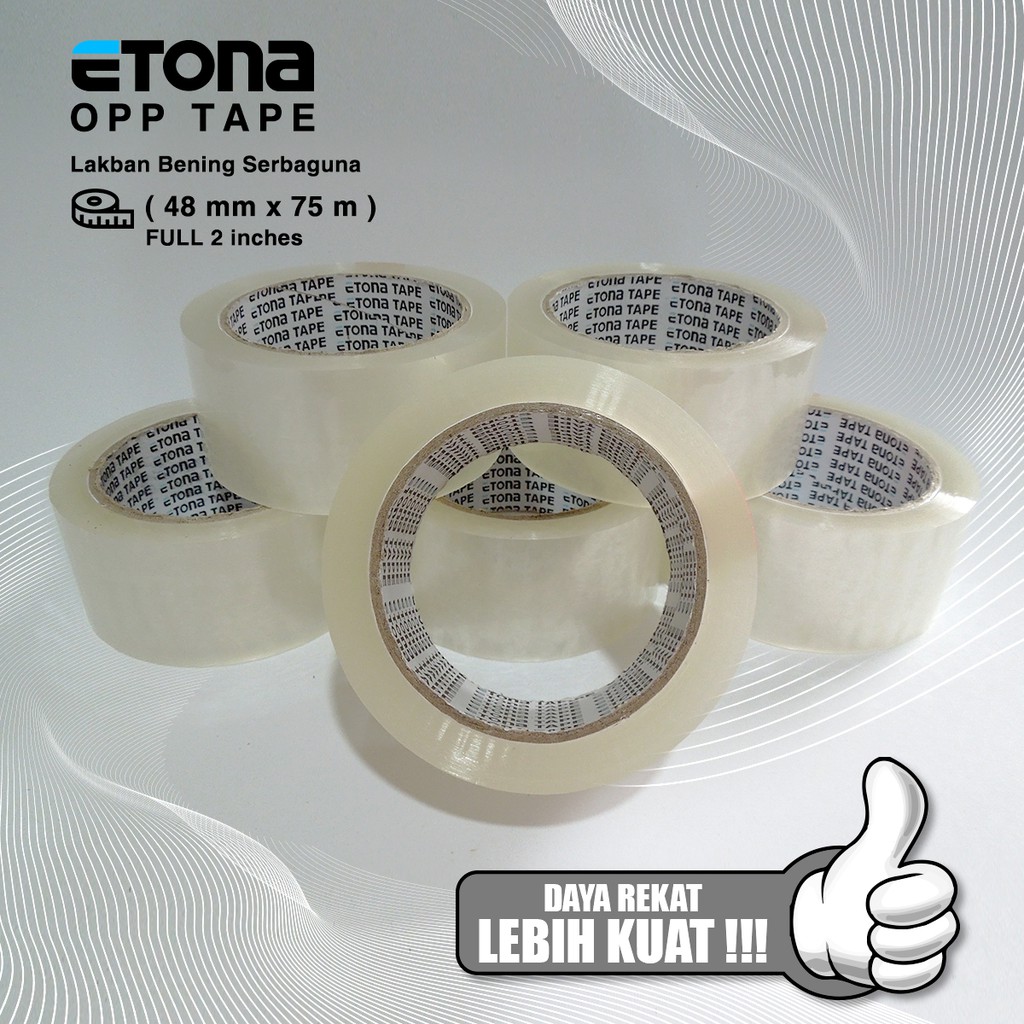 

Lakban Etona/ Plakban BENING/ FULL 2 inch 90 yard (48 mm x 90 YARD). SANGAT LEKAT. FREE GIFTS
