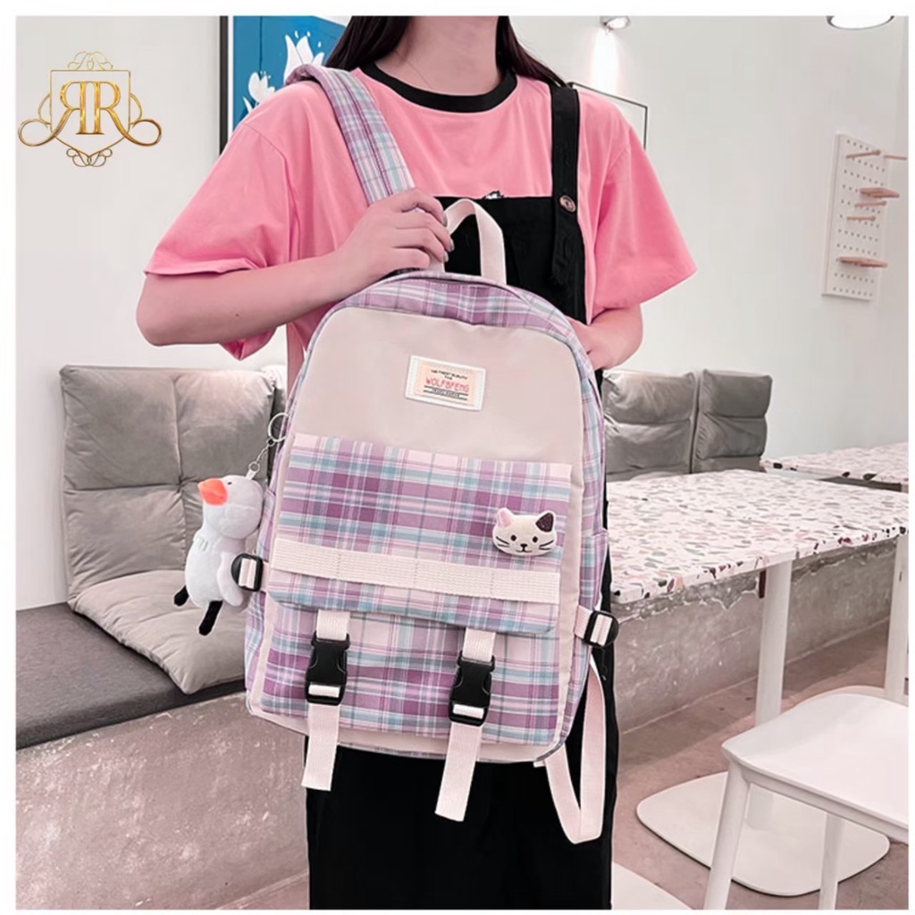 TS STORE-Tas Ransel Anak Perempuan Motif Kotak Tas Ransel Sekolah TK SD SMP Kekinian