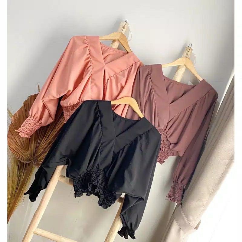 1 KG 6 PCS | DELONIX TOP / ATASAN WANITA / PUFF LENGAN BALON KERUT / KEMEJA WANITA / FASHION MURAH-PUFF HITAM