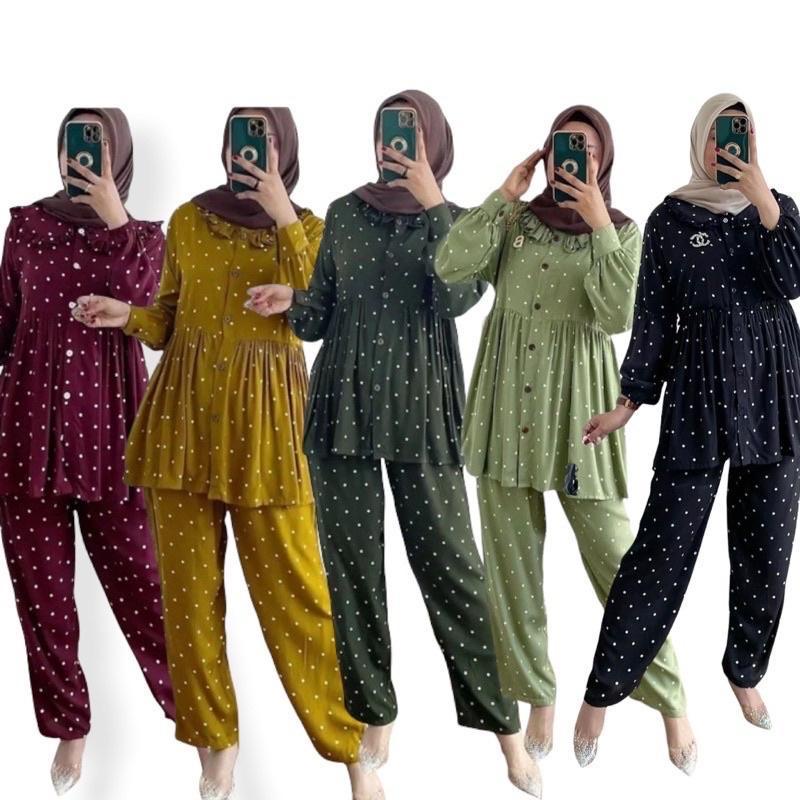 FREE ONGKIR POLKANA SET ONE SET RAYON RUFFLE REMPEL SABRINA POLKA SET