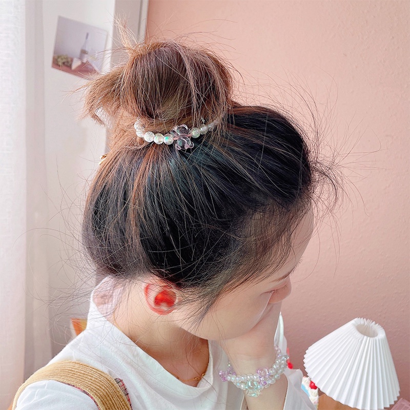 Ikat Rambut Motif Kartun Beruang Aksen Manik-Manik Kristal Untuk Wanita