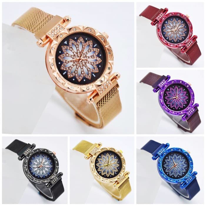 Jam Tangan Wanita Magnetik Chanel Bunga Case Hitam Gold