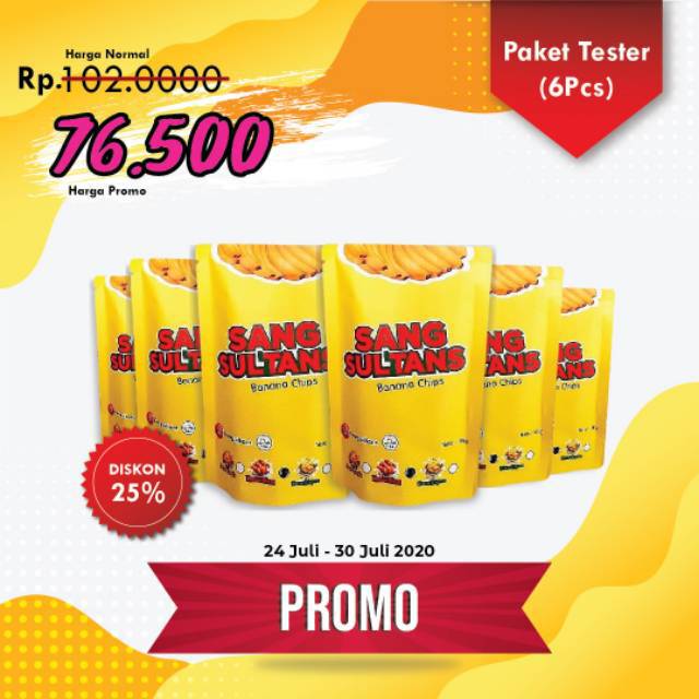 

PROMO!!!! KERIPIK PISANG/SANGSULTANS/BANANA CHIPS/TERLARIS/TERENAK/HITS (Paket Tester 6 Pcs)