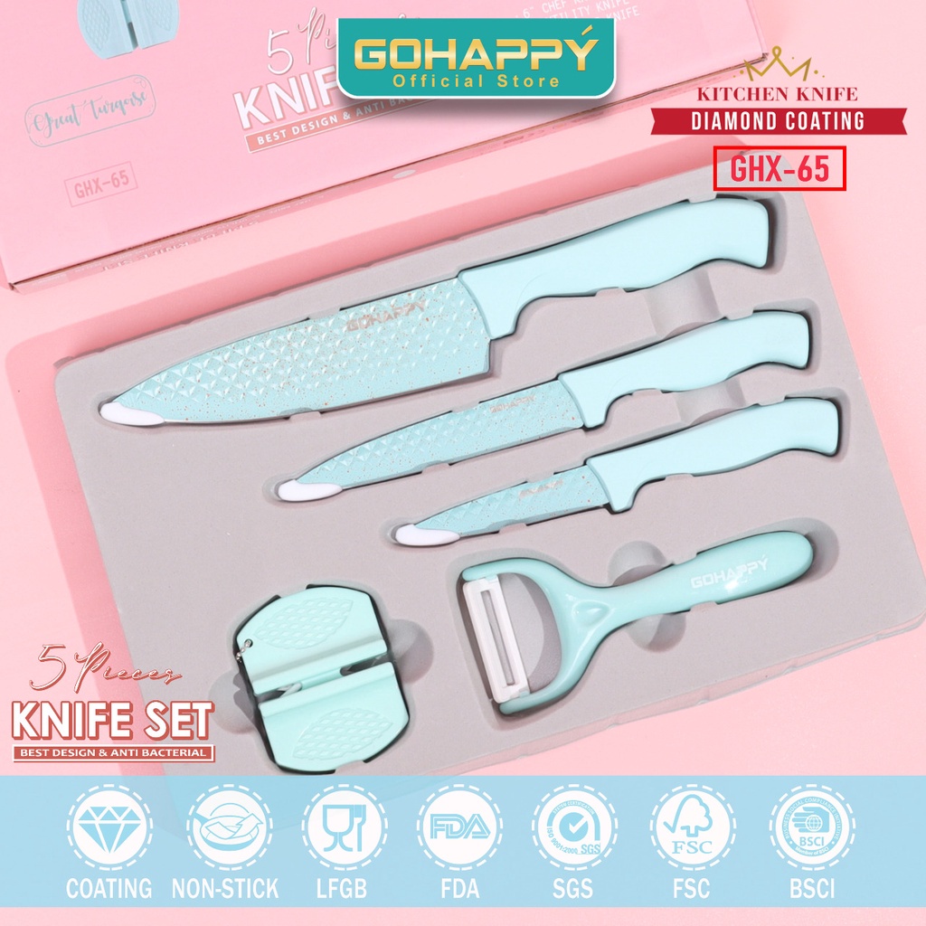 Pisau Diamond Pastel Cut 5 in 1 set Pastel PREMIUM 5in1 pisau dapur masak pengupas potong-Beautiful Pink or Great Turqoise- Pisau Keramik Pastel Pisau Stainless