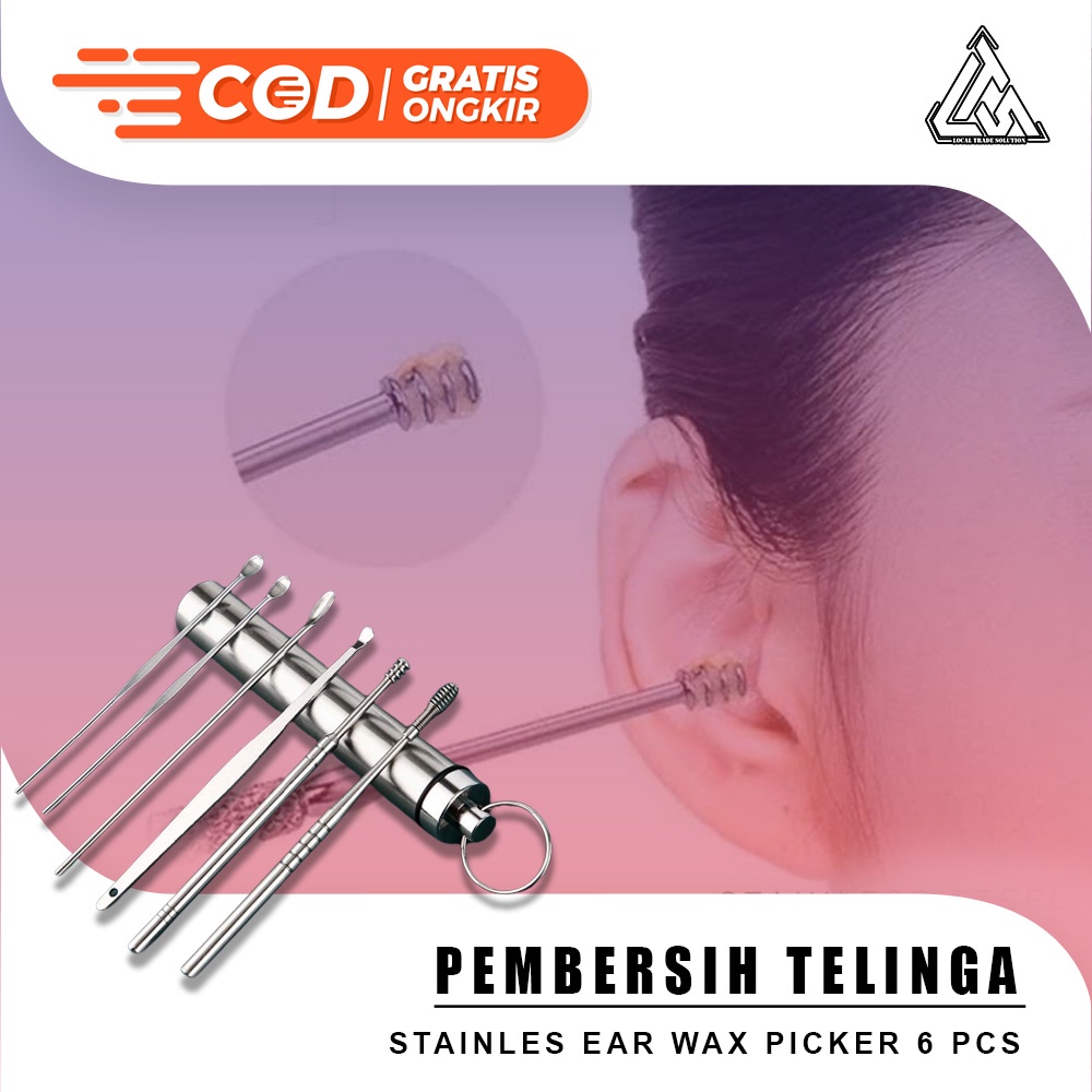 Free Case Pembersih Kotoran Telinga Set 6pcs Korek Kuping Stainles Ear Wax Picker