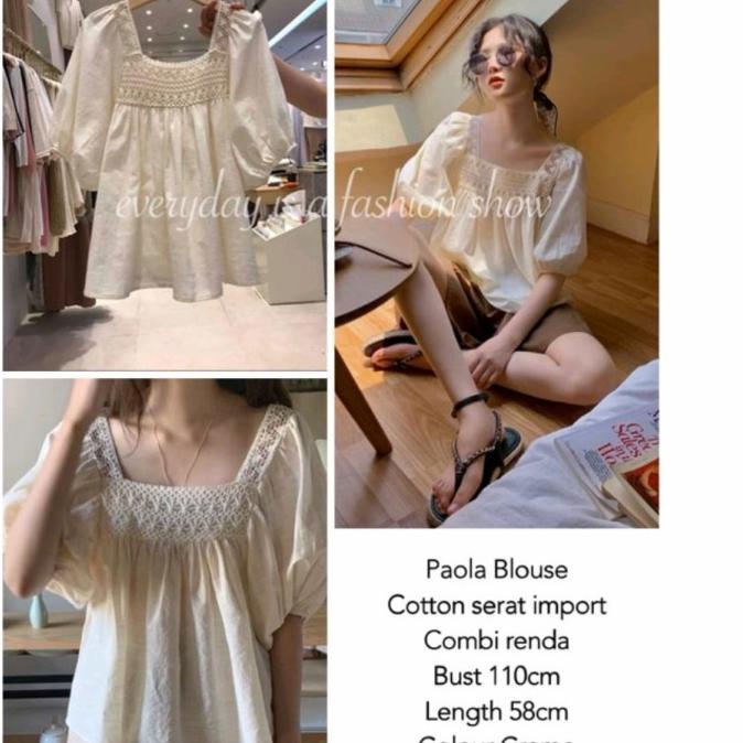 Baju Import Katun Blouse Wanita Atasan Renda Bluss Leher Kotak Korea
