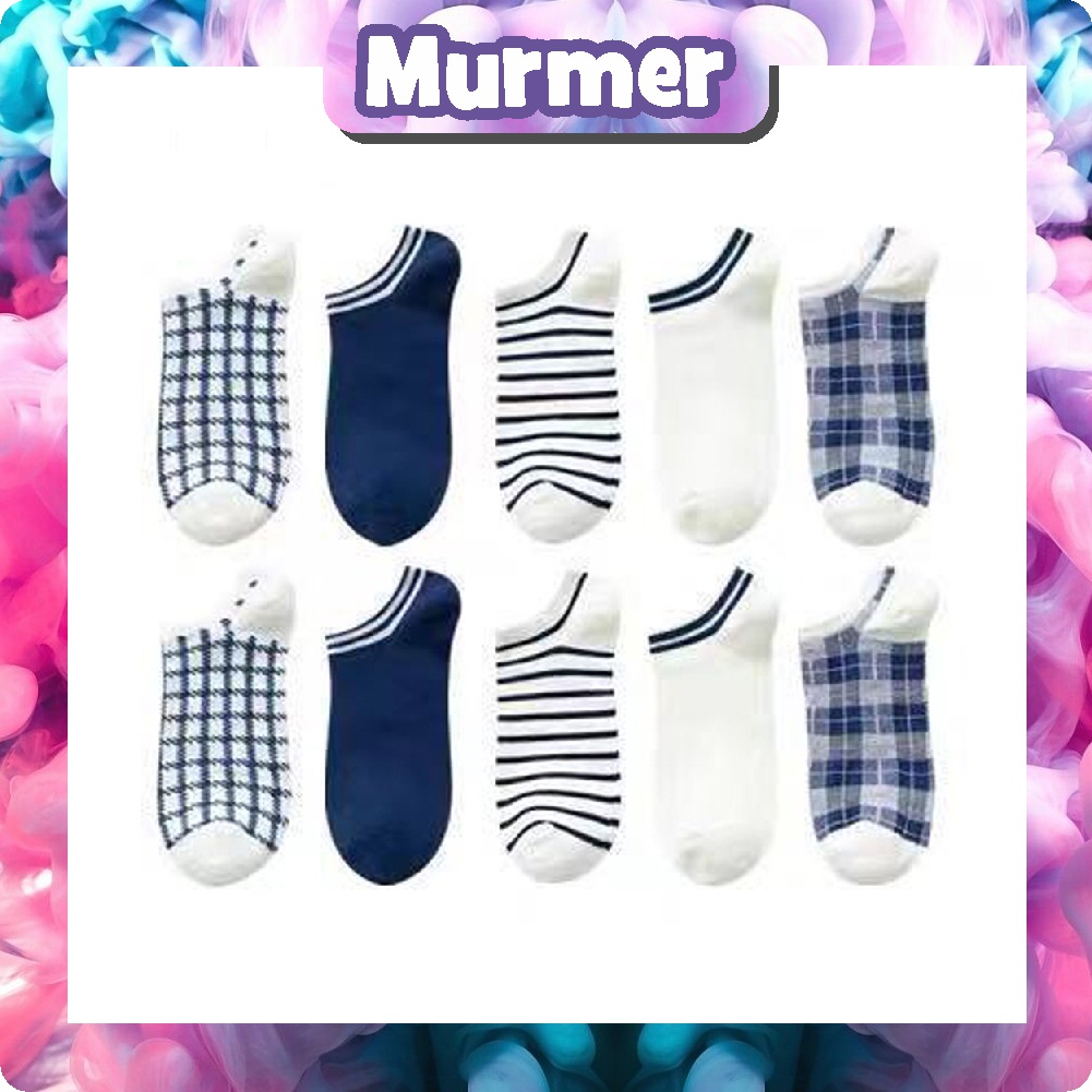 MurmerOfficial Kaos Kaki Wanita Motif Kotak Biru Navy Fashion Korea Women Sock Import Murah K003