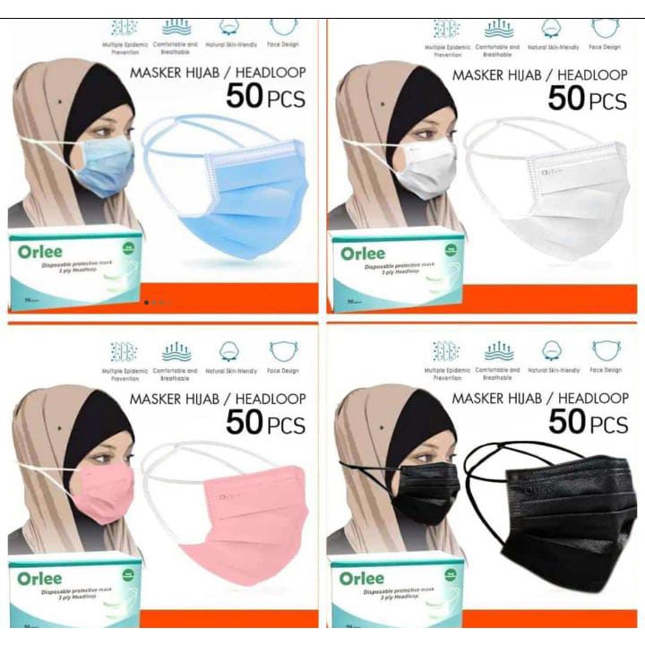 Masker merek Orlee Hijab Hearloop 3 ply 50pcs