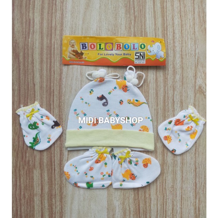 1 Set Topi dan Sarung Tangan Kaki Bayi Motif Lucu Bolo Bolo SNI