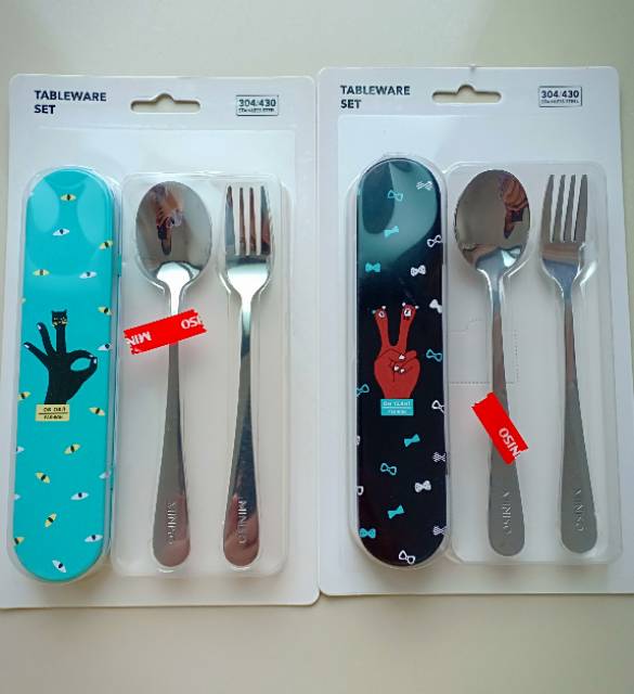 MINISO PERLENGKAPAN MAKAN SENDOK PLUS GARPU PLUS KOTAK THREE SETS TABLEWARE