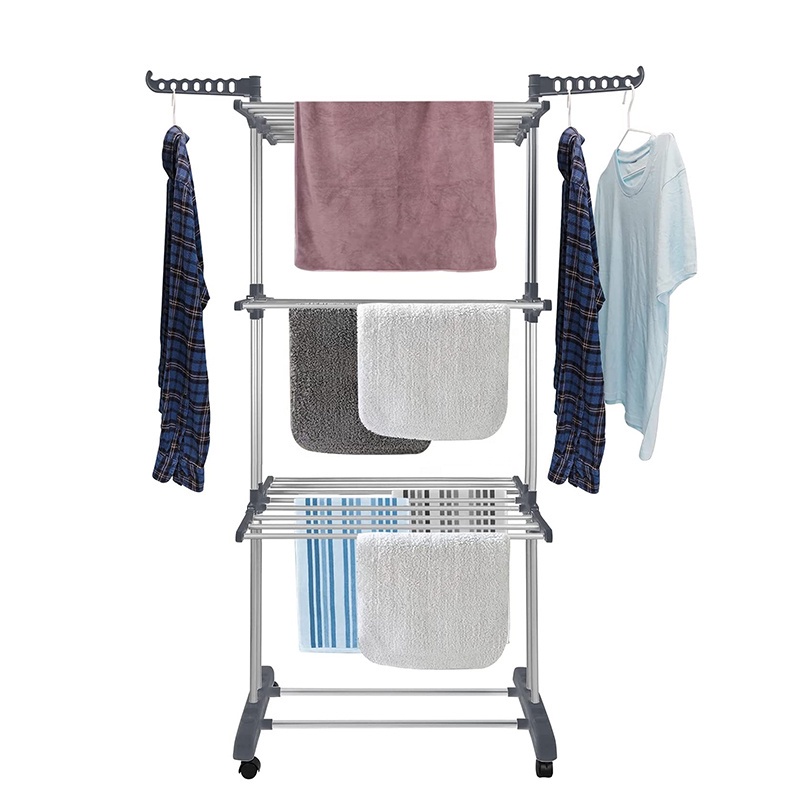 Jemuran Baju 3 Tingkat Jemuran Baju Lipat Berdiri Stand Hanger Cloth Drying Rack Jemuran Stainlees Steel Dengan Roda GOSHOP88