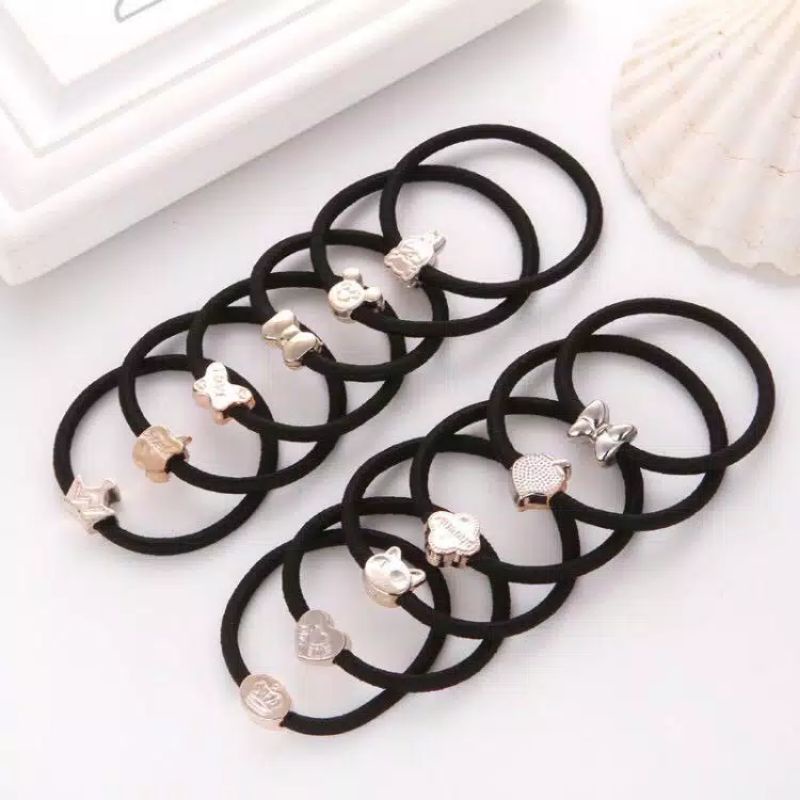 Ikat Rambut Korea Karet Kunciran Hitam Gold