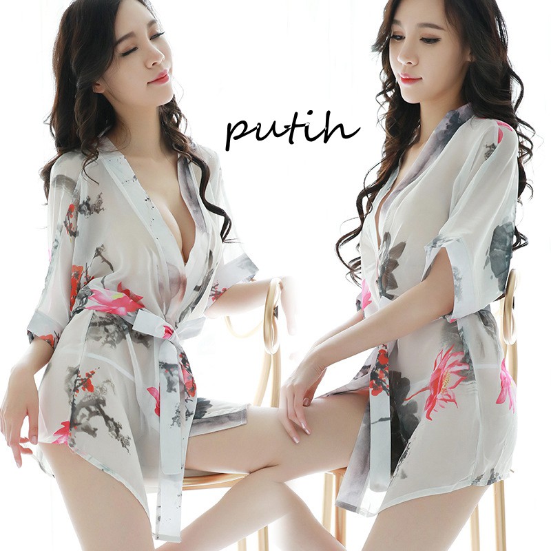 kimono WanitaSet Lingerie Sexy G String Baju tidur Bahan sifon dicetak A187-2