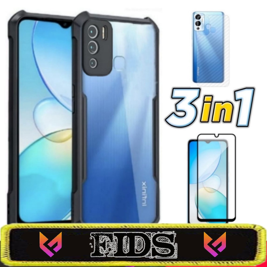 PROMO PAKET 3 IN 1 / 2 IN 1 CASE INFINIX HOT 12i 2022 Fusion Xundd ShockProof Free Anti Gores Layar Dan Skin Carbon Cover Handphone