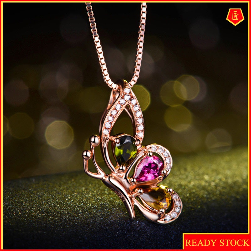 [Ready Stock]Colorful Gem Water Drop Pendant 18K Rose Gold