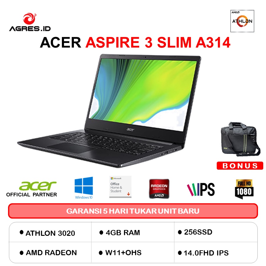 ACER ASPIRE 3 SLIM A314 ATHLON 3020 4GB 256SSD W11+OHS 14.0FHD IPS BLK -22.A667