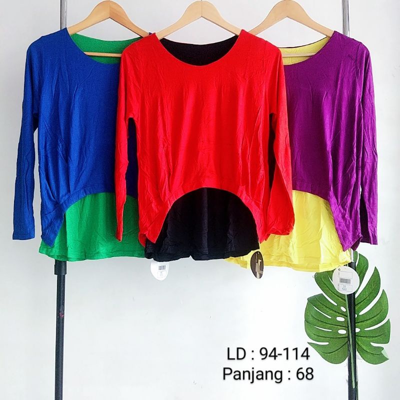 atasan blouse baju kaos wanita super adem melar big size XL  lengan panjang model tumpuk kombinasi 2