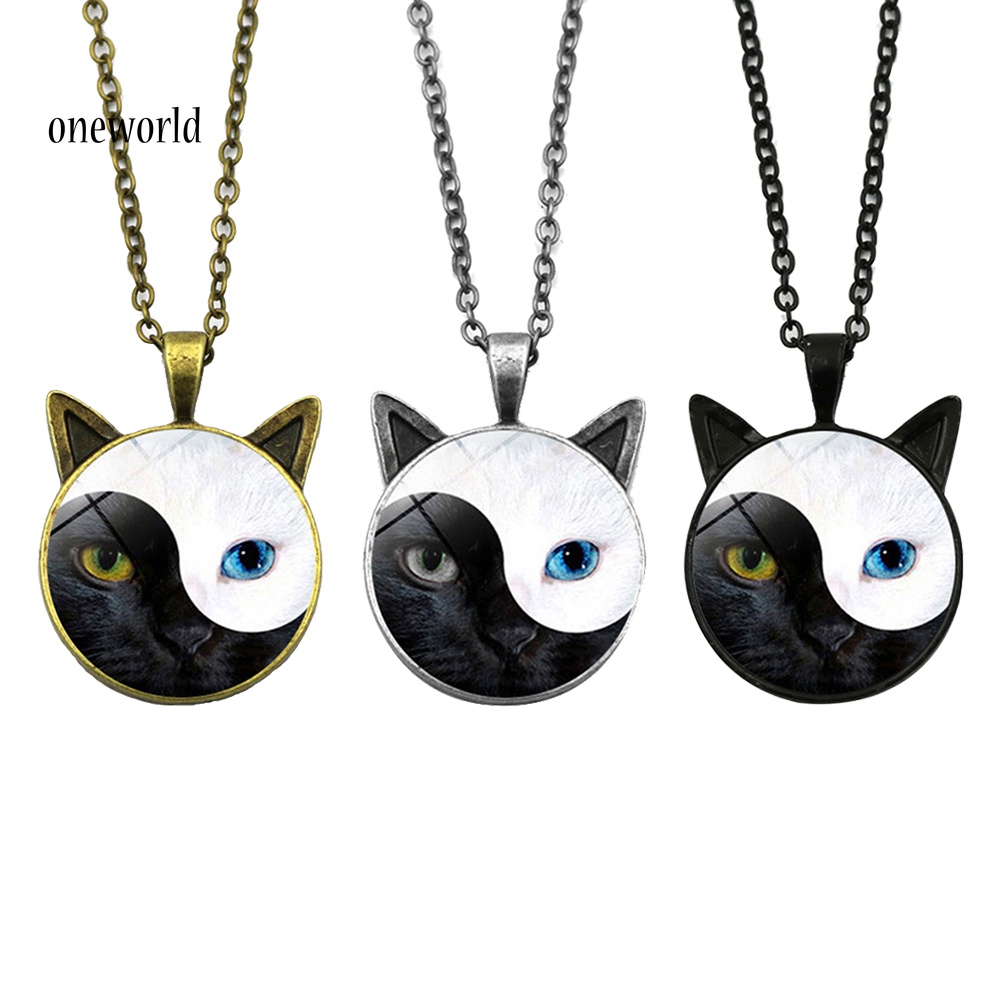 Kalung Rantai Dengan Liontin Kucing Yin Yang Bahan Kaca Untuk Wanita