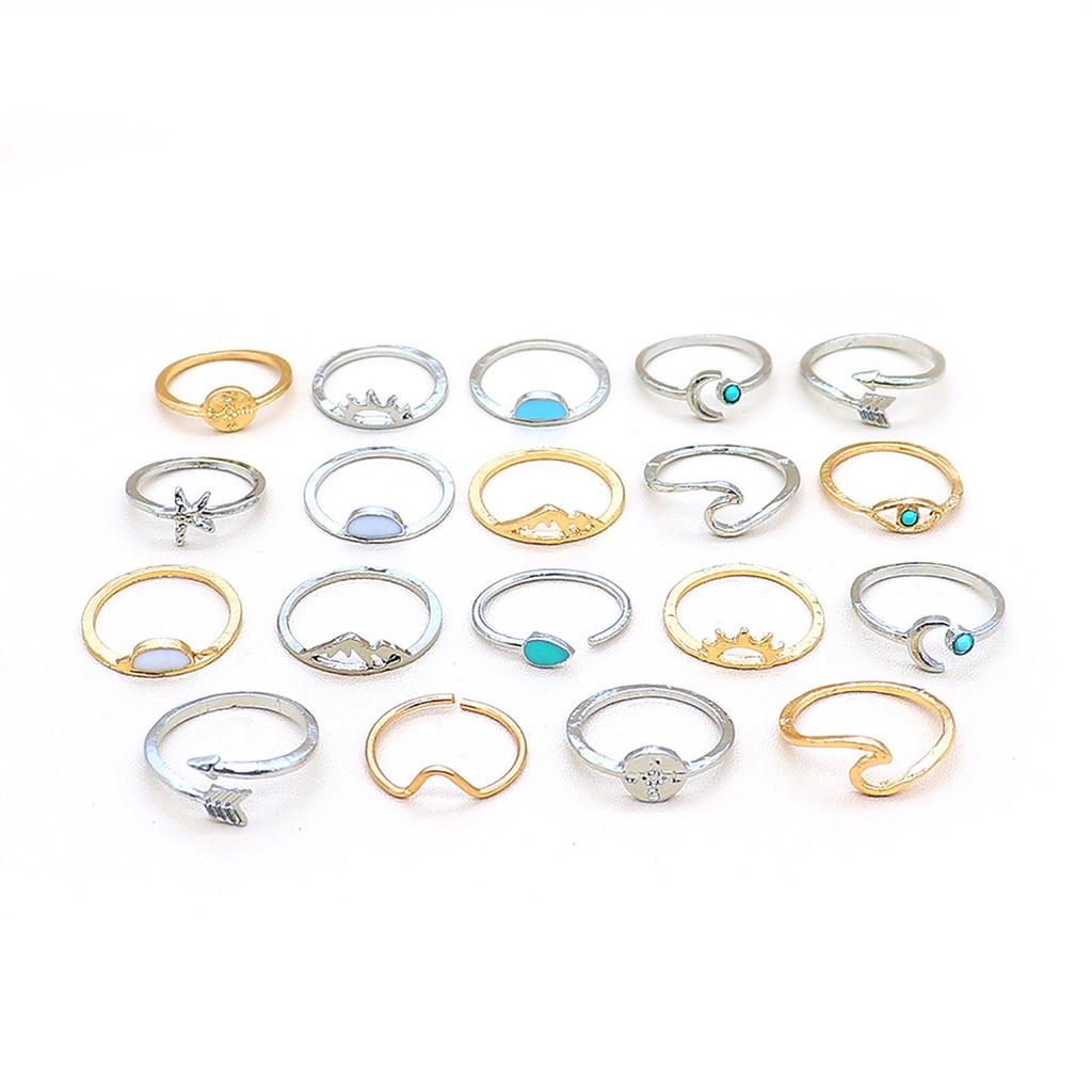 Hu Hu Hu Hu Hu Alat Bantu Pasang Kacamata♡ 19pcs / Set Cincin Model Terbuka Desain Ombak Hias Turquoise Gaya Boho / Etnik Untuk Wanita