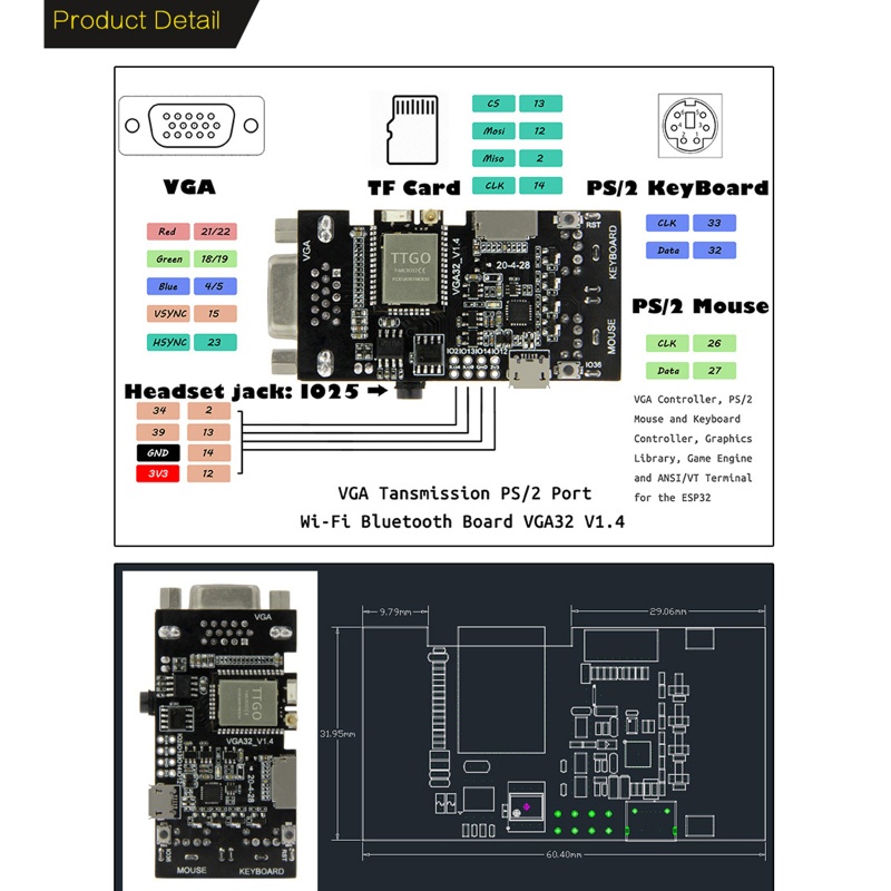 Btsg VGA VGA32 Untuk ESP32 Module V1.4 Controller PS/2Tikus Keyboard Perpustakaan Grafis
