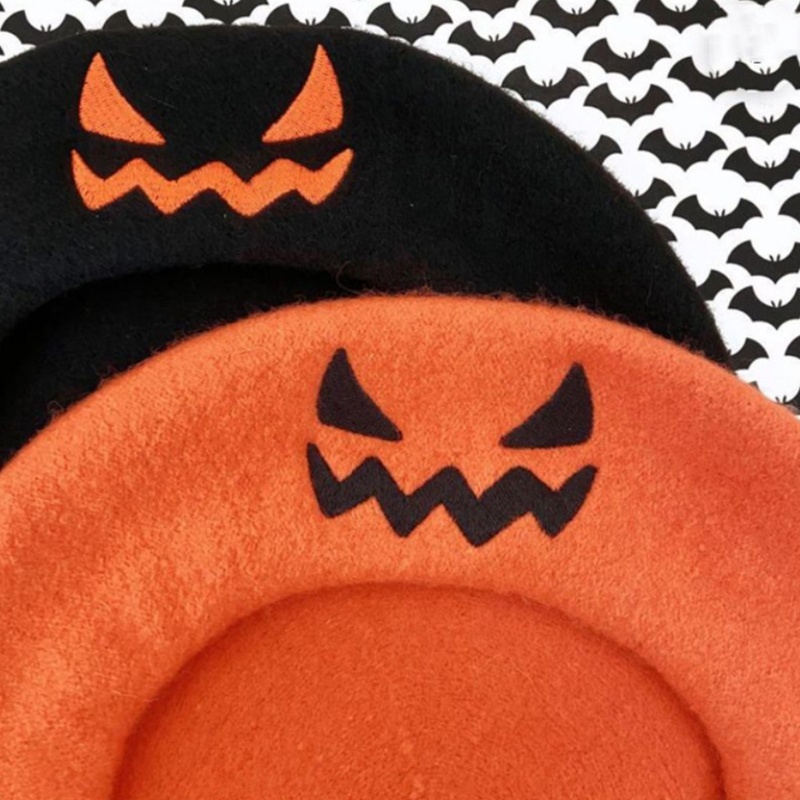 Topi Baret Desain Labu Halloween Tersenyum Gaya Retro Untuk Pesta