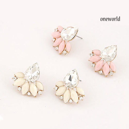 OW@ Women's Korean Style Teardrop Leaf Inlaid Rhinestone Earrings Ear Studs Jewelry