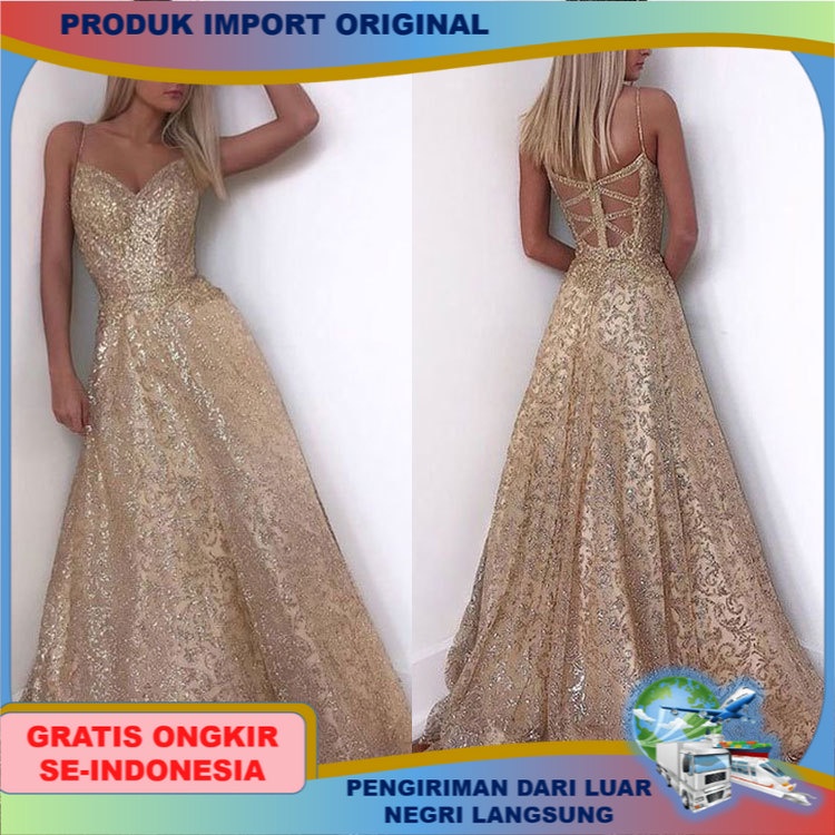 Gaun Wanita Bangsawan Gaya Eropa Amerika Deep V Style kekinian Pakaian Perempaun Berpayet Berlian Im