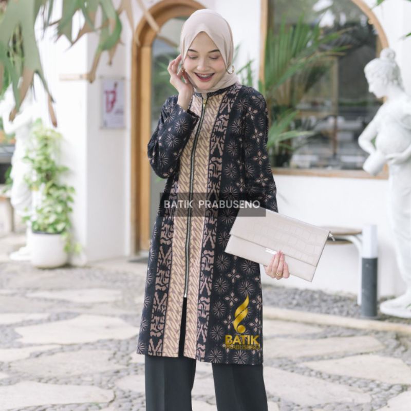 Hanum Hitam Baju Atasan Tunik Batik Wanita Lengan Panjang Zipper Depan Seragam Guru Kantor Batik  Pr