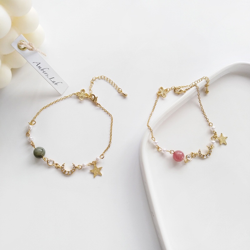HC Gelang Couple Gelang Mutiara Gelang Rantai Sederhana Wanita Korea Aksesoris Fashion Wanita Gelang Rantai Adjustable Simple Model Bulan Bintang Unisex-4