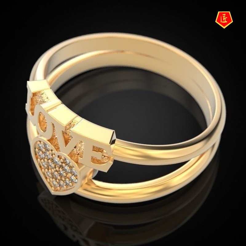 [Ready Stock]Creative 18K Gold Double-Layer Love Diamond Ring