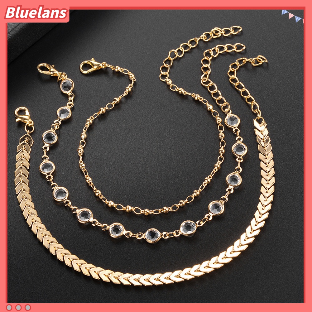 Bluelans 3Pcs Bohemian Women Rhinestone Fishbone Chain Anklet Foot Bracelet Jewelry