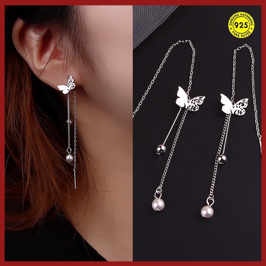 Anting Tusuk Gantung Bahan Sterling Silver 925 Desain Kupukupurumbai Hias Mutiara Untuk Wanita