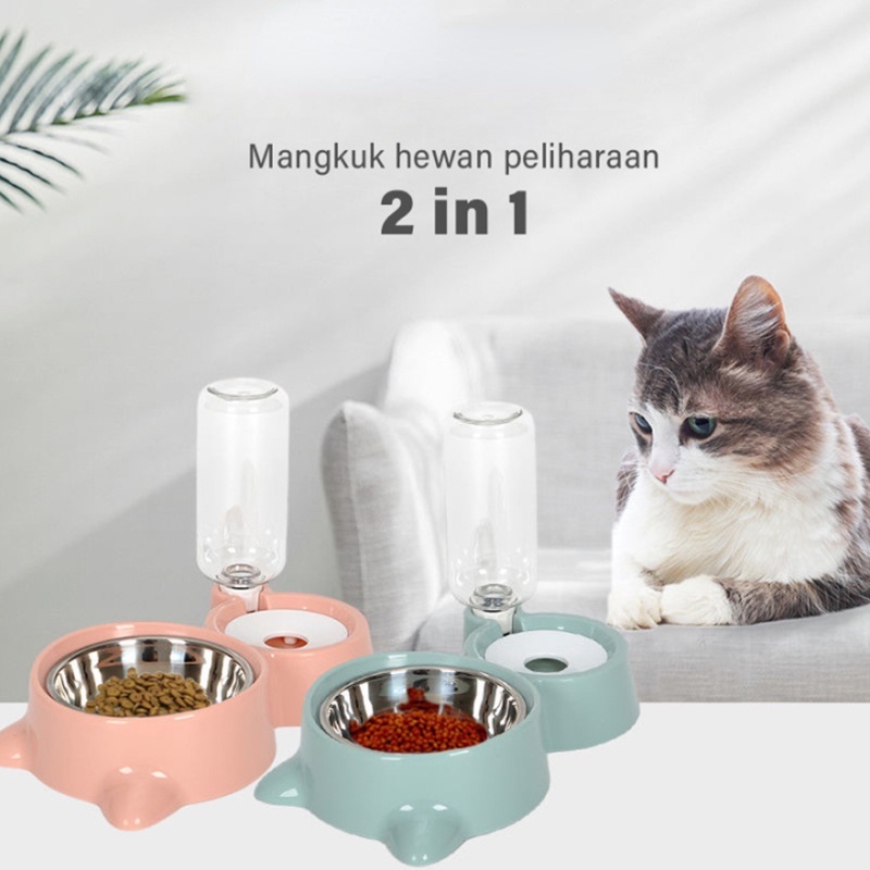 Hugopet Tempat Makan Minum Kucing Anjing Tempat Makan Hewan Otomatis 2 in 1 mangkuk Stainless Steel Auto Water Feeder Dispenser  Pet Feeder Plate