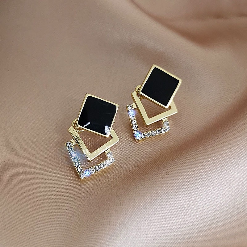 Anting Tusuk Sterling Silver 925 Desain Geometri Persegi Hias Berlian Imitasi Warna Permen Untuk Wanita