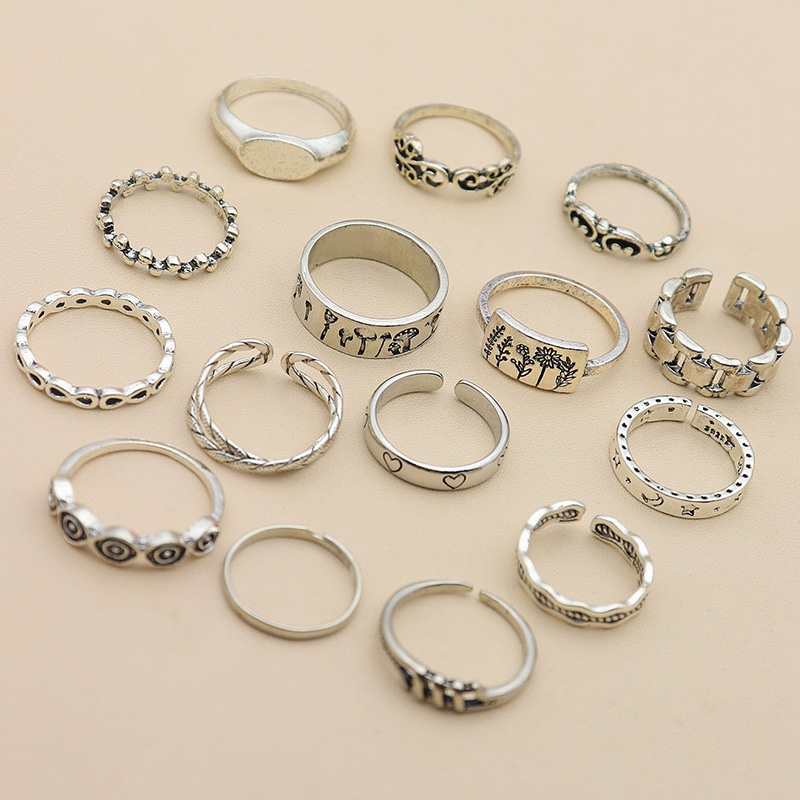 14 Pcs Cincin Tali Bentuk Geometris Silang Awan Hati Bintang Bulan Bunga Gaya Retro Untuk Wanita