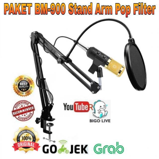 Paket Microphone BM900 Stand Arm Pop Filter U Splitter Recording Terbaik