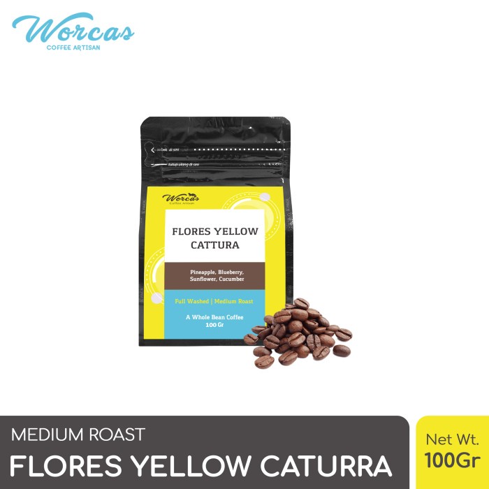 

kopi-biji- worcas arabica flores yellow caturra 100 gram - medium roasted coffee - kopi biji -biji-