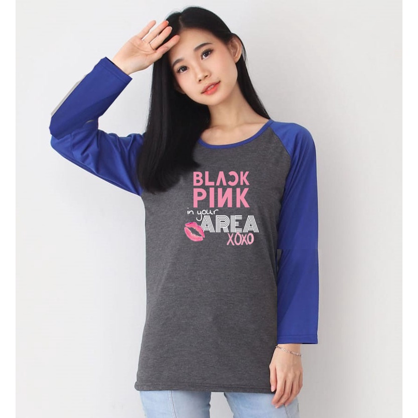 Kaos Raglan Abu Tua Lengan Panjang Gambar BlackPink