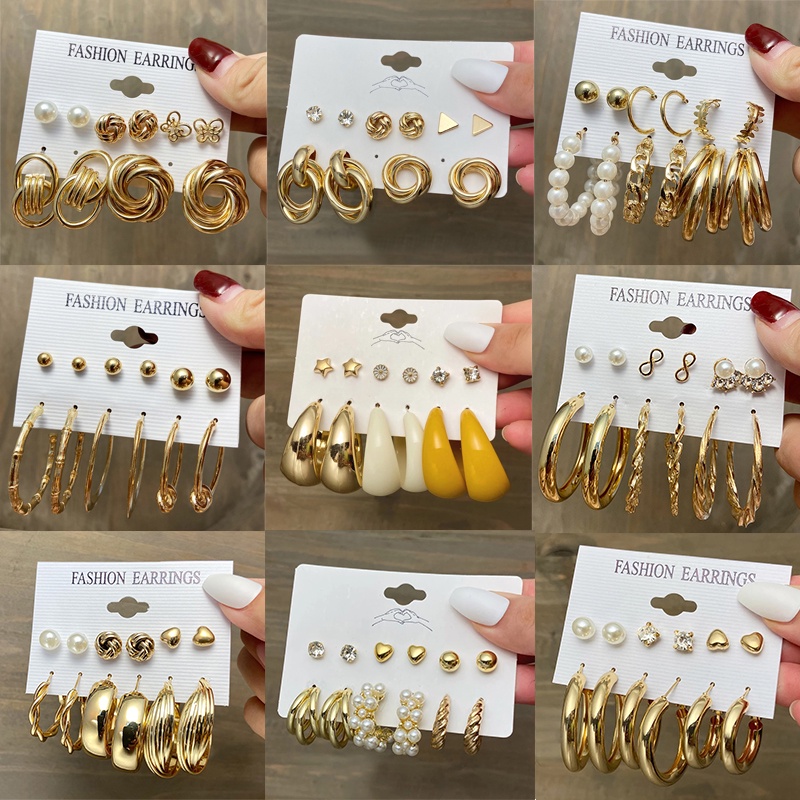 6Pcs/Set anting korea wanita Hoop Bentuk Kupu Aksen Mutiara anting emas asli Bahan Akrilik Untuk perhiasan aksesoris