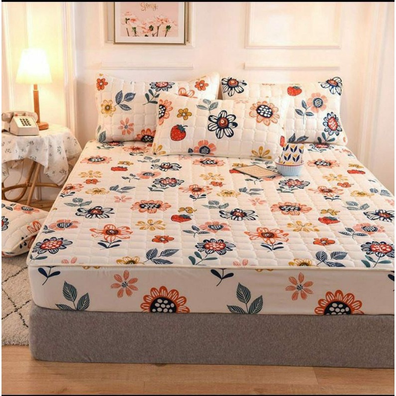 SPREI SULTAN WATERPROOF 180 x 200 CM ANTI AIR IMPOR BED PROTECTOR KUNING WORTEL PINK-PUTIH BUNGA 180