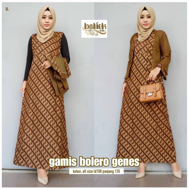 Gamis Bolero Genes 2in1 Lepasan Batik Modern Long Dress Muslim Sogan Batik Maxi Coklat