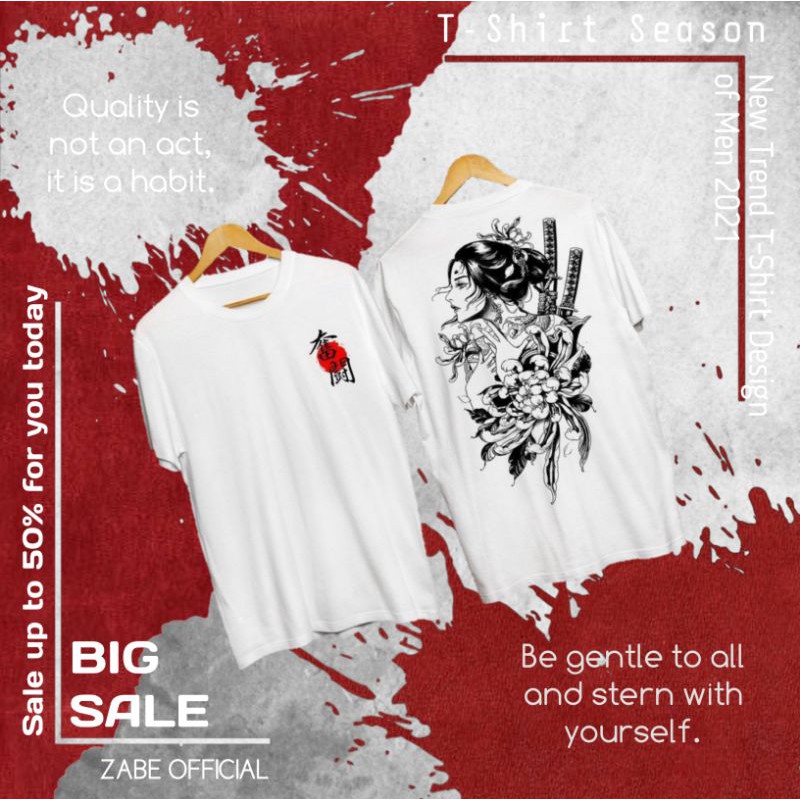 TEKADA T-Shirt Tiset Kaos Distro Polos Pria 2021 Geisha Topeng Shinigami Samurai Jepang Warna Putih