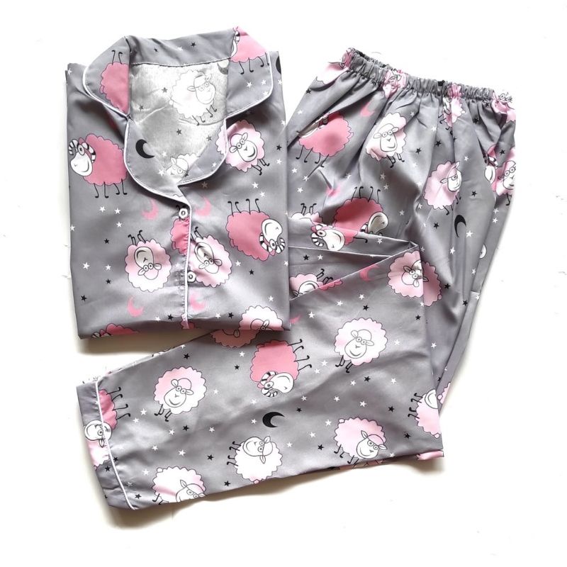 baju tidur piyama dewasa LENGAN PANJANG L muat bb 55 kg setelan piyama baju tidur-Domba grey ppl