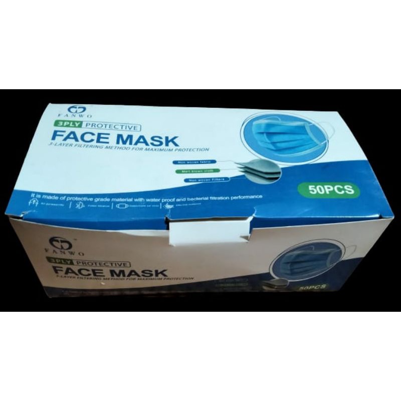 (1BOX) MASKER EARLOOP 3PLY WARNA BIRU (free strap masker)