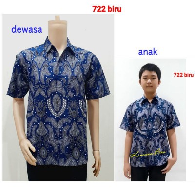 722 Biru Couple Kemeja Batik Dewasa M- Bigsize 5l, Anak Laki 2 - 2 Thn