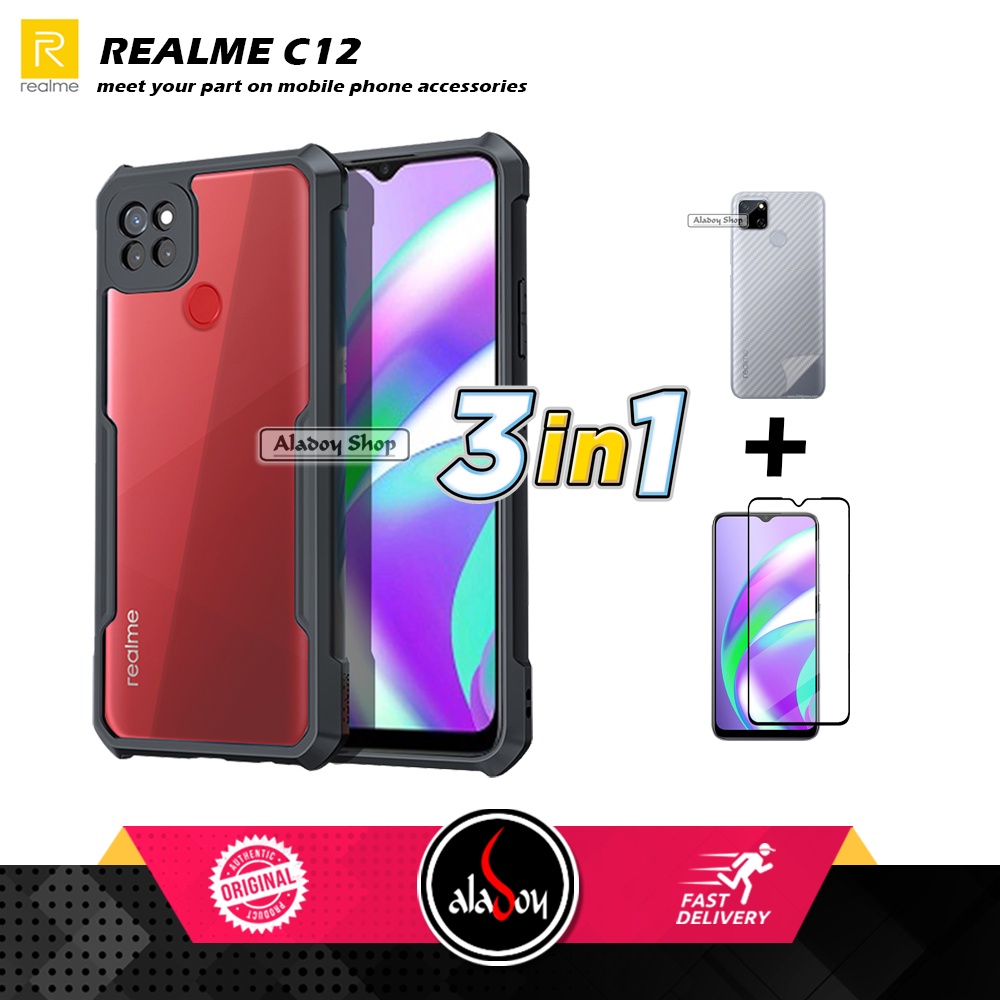 Case REALME C12 Armor Fushion Transparent Casing + Tempered Glass Full Layar dan Skin Carbon