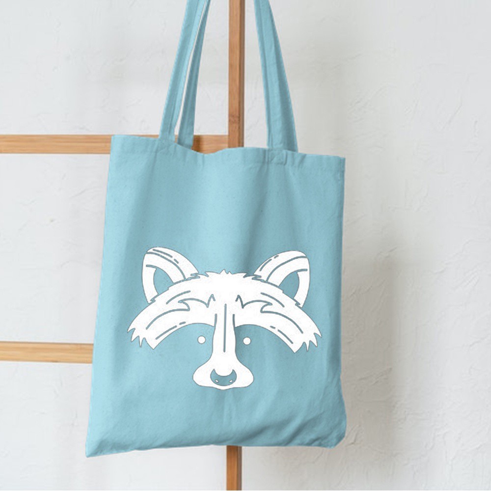 3.3 Sale Tas Totebag Bergambar Raccoon Resleting Berbahan Semi Kanvas Dinir 300 Biru Muda, Pink, Cream, dan Hitam Edisi Totebag