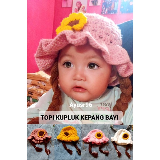 Topi  Bayi Kupluk Rambut Kepang Motif Pita / Baby Hat Wig / Topi Bayi Rambut