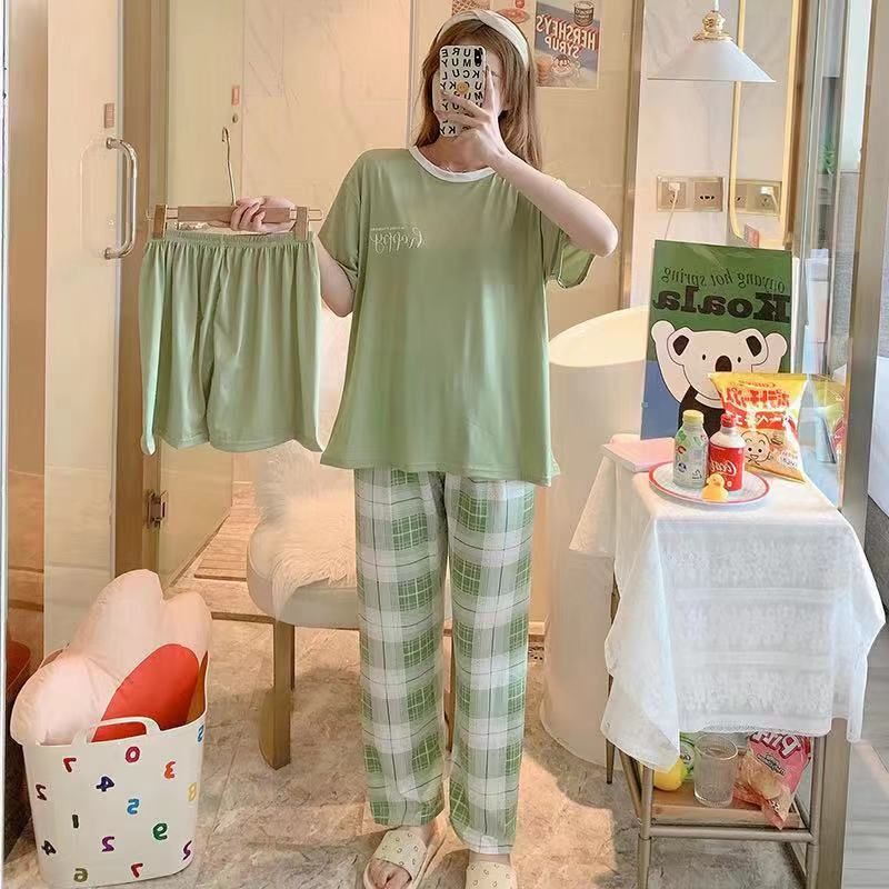 JC- Stelan Oversize 3in1 Import / Piyama 3in1 / Piyama Korea wanita terbaru Murah-3in1 Text Green