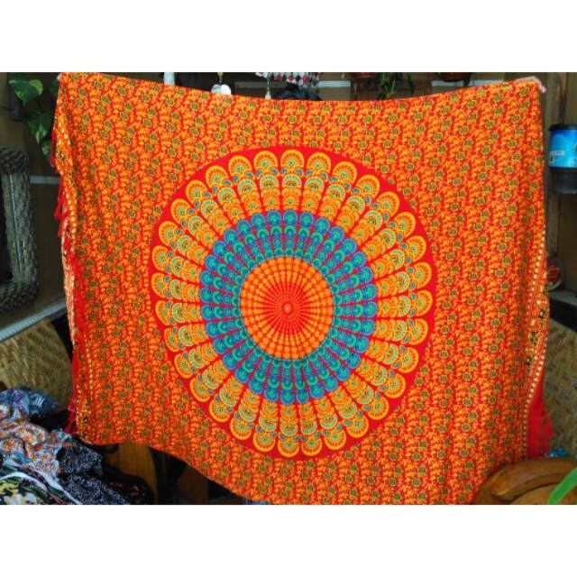 Mandala tapestry oranye merak kain pantai bali merak home decor hiasan dinding